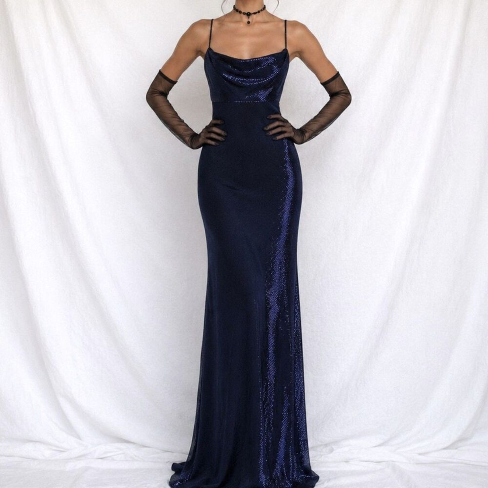 Vintage Y2K Blue Metallic Knit Bodycon Maxi Cocktail Formal Prom Dress Size S/M